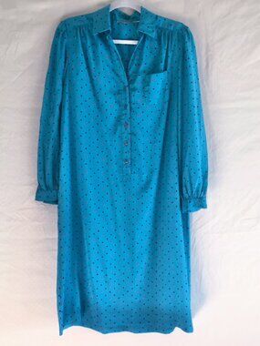 Vintage 80s Schrader Sport Scattered Dot Silky Office Midi Dress Teal Size M